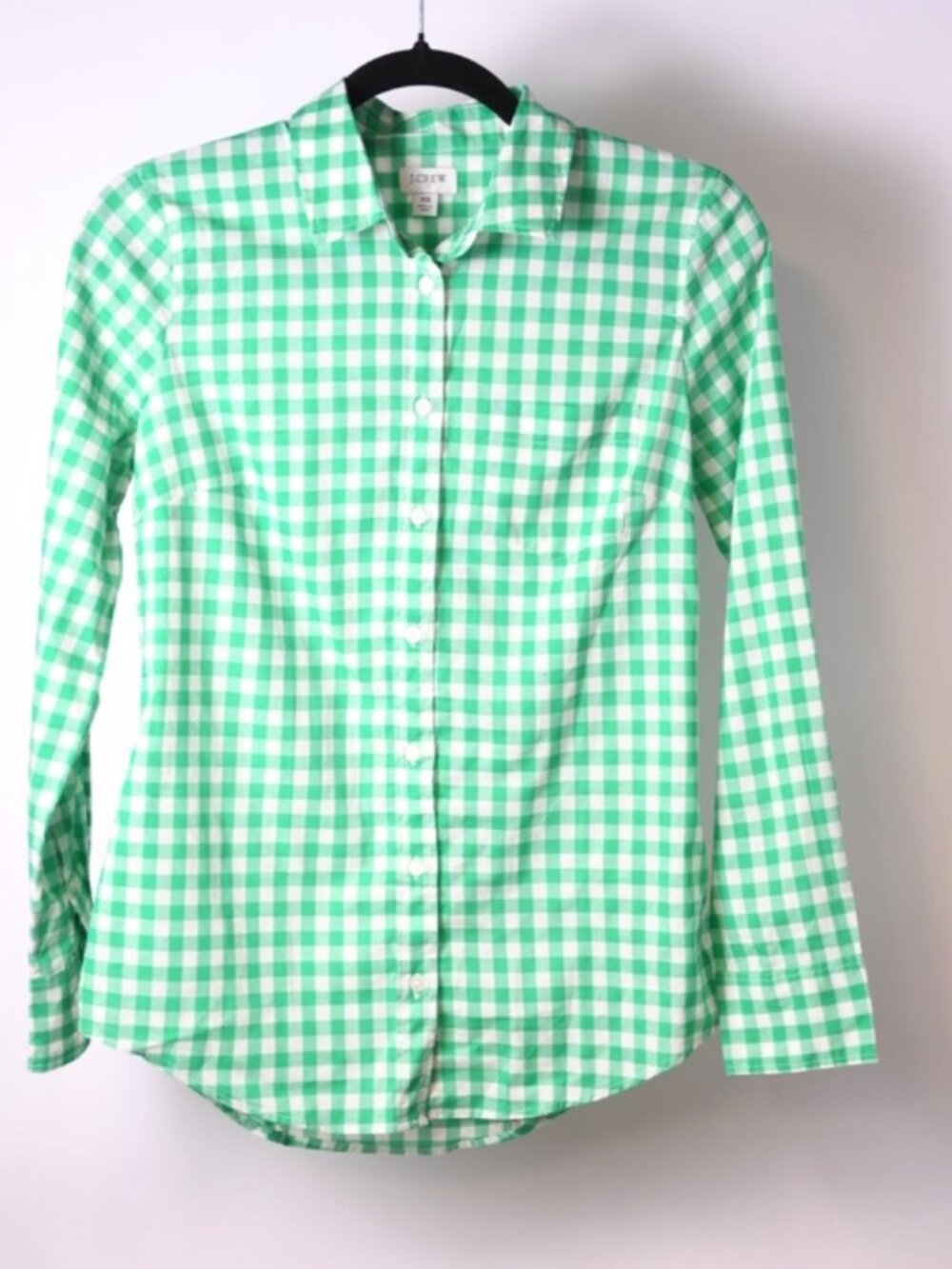 J Crew Shirt Sz XS Green White Gingham Long Sleeve Button up 100% Cotton